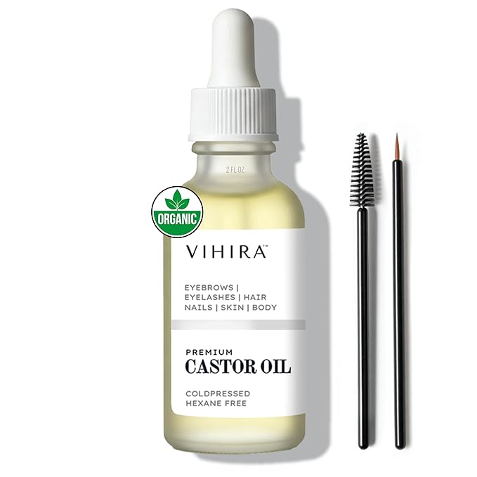 Organic Castor Oil (2 Fl Oz | Premium Grade), Cold Pressed, 100% Pure, Extra Virgin, Hexane Free, for Hair, Eyelash, Eyebrow, Cuticles, Nails, Skin, Belly Button & More.