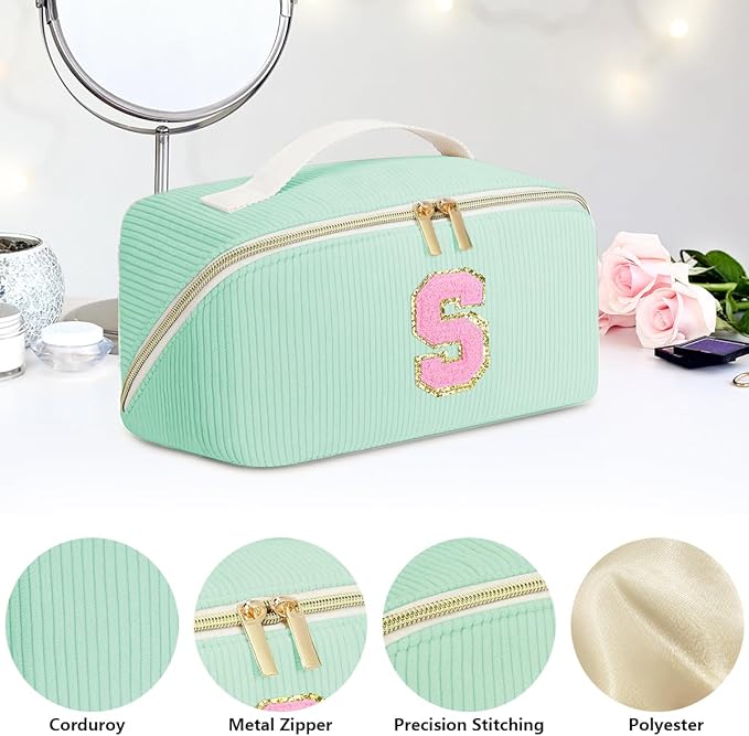 Personalized Initial Makeup Bag, Valentine's Day Gifts for Girls,Preppy Bag Cosmetic Travel Bag Women,Travel Toiletry Organizer,Large Capacity Corduroy Stuff Bag,Cute Cosmetic Pouch Skincare Bag