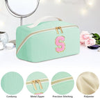 Personalized Initial Makeup Bag, Valentine's Day Gifts for Girls,Preppy Bag Cosmetic Travel Bag Women,Travel Toiletry Organizer,Large Capacity Corduroy Stuff Bag,Cute Cosmetic Pouch Skincare Bag