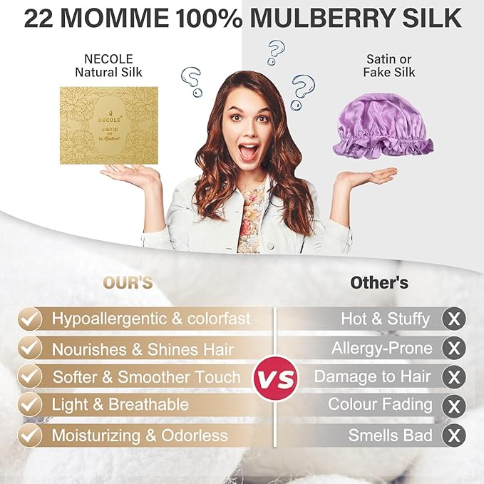 Silk Bonnet for Women 100% Mulberry Silk Sleep Cap 22 Momme Double Layer Hair Wrap for Curly Short Long Hair