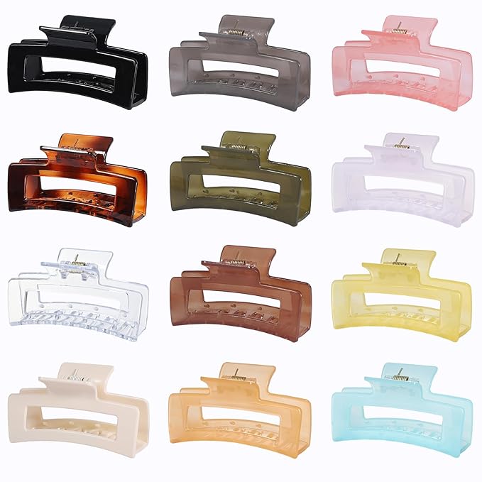 12 Pack Medium Square Claw Hair Clips, 3.5 x 2 x 1.1 inch, Shiny, 12 Colors, Hair Accessories for Women and Girls, Rectangular Rectangle Jaw Clips for Thick and Thin Hair Securing, 12 Pieces