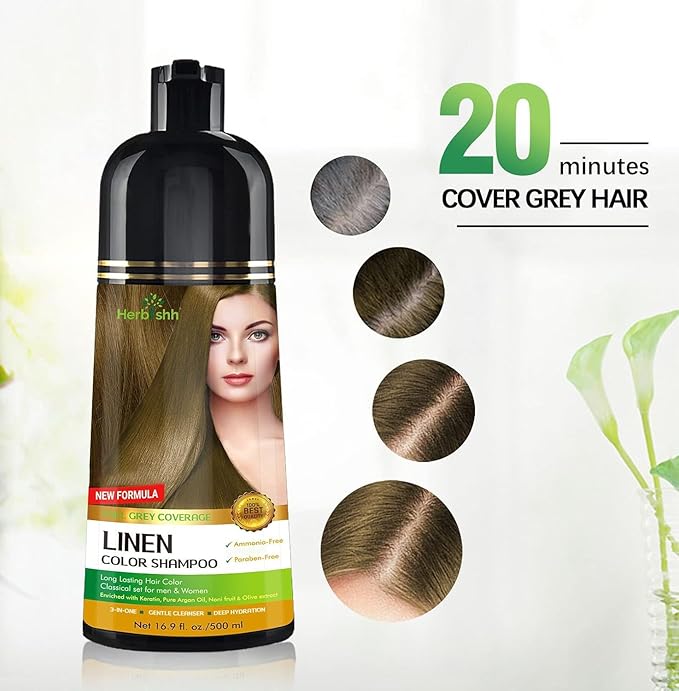 Herbishh Hair Color Shampoo - Magic Gray Hair Dye, Long-Lasting 3-in-1 Coloring Formula, 500ml, Ammonia-Free (Linen)