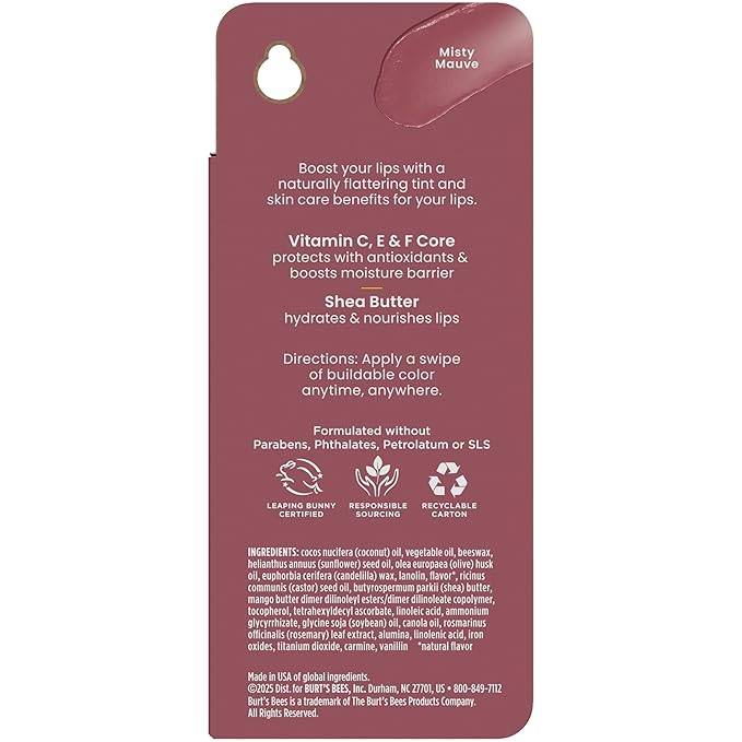 Burt’s Bees Stocking Stuffers Tinted Boosted Balm, Misty Mauve, Hydrating Tinted Lip Balm, 24 Hour Lip Moisturizer with Responsibly Sourced Beeswax, 100% Natural Origin, 1 Count, 0.16oz