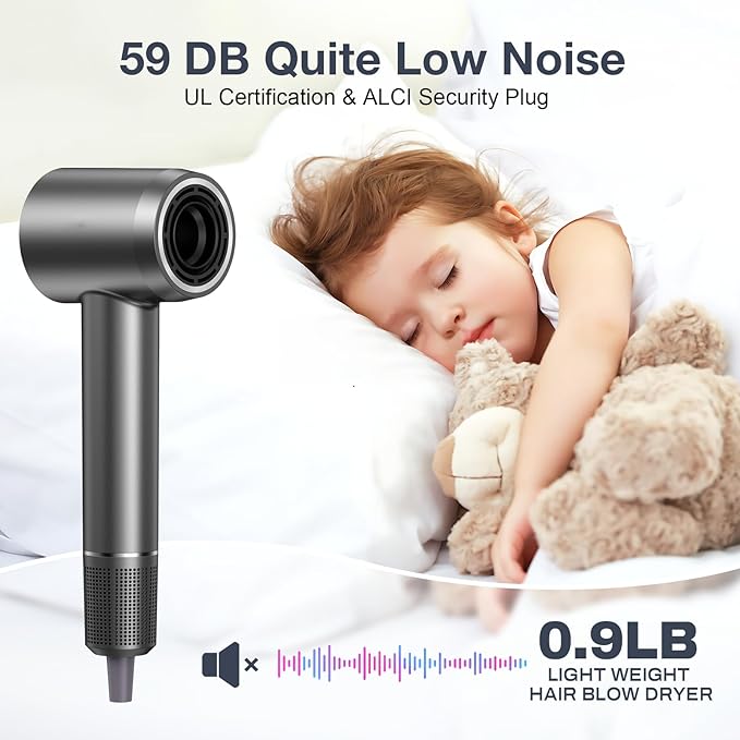 Professional Hair Dryer, 150,000 RPM High-Speed & 200 Million Negative Ions, Intelligent HD Display, Low Noise 51dB, Magnetic Diffuser & Nozzle, Travel Gift for Women