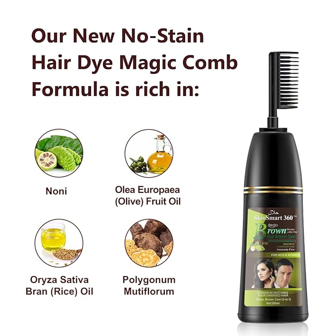 SkinSmart 360® No-Stain Hair Dye Shampoo – Full Gray Coverage for Men & Women, 3-in-1 Color + Cleanse + Condition, Natural Ingredients, Easy No-Mix Formula, 200 mL (Dark Brown + Magic Comb)