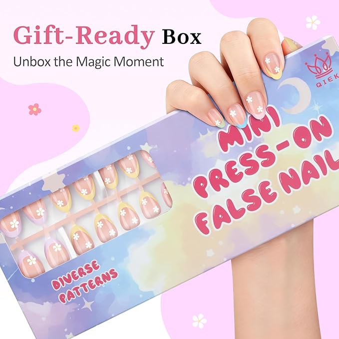 16 Sizes Press on Nails Kit for Kids - 32 Pieces French Almond Fake Nail Tips for Girls 8-12 Years Old with Jelly Nail Adhesives & No-Lamp Nail Glue, Birthday Christmas Gifts (Colorful Flower)