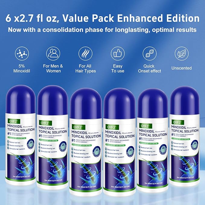 5% Minoxidil for Women& Men, Minoxidil Hair Growth Serum(Biotin-Infused) with Sponge Applicator for Thinning Hair& Receding Hairline, 8 Month Supply-6 x 2.71Fl oz