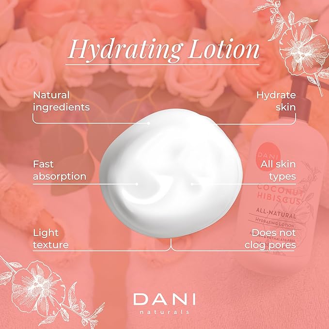 DANI Naturals Hand & Body Lotion - Coconut Hibiscus Scented, Moisturizing & Nourishing Lotion for Dry Skin, Deep Hydration with Natural & Organic Ingredients, Paraben-Free, Vegan & Cruelty-Free, 12 Oz