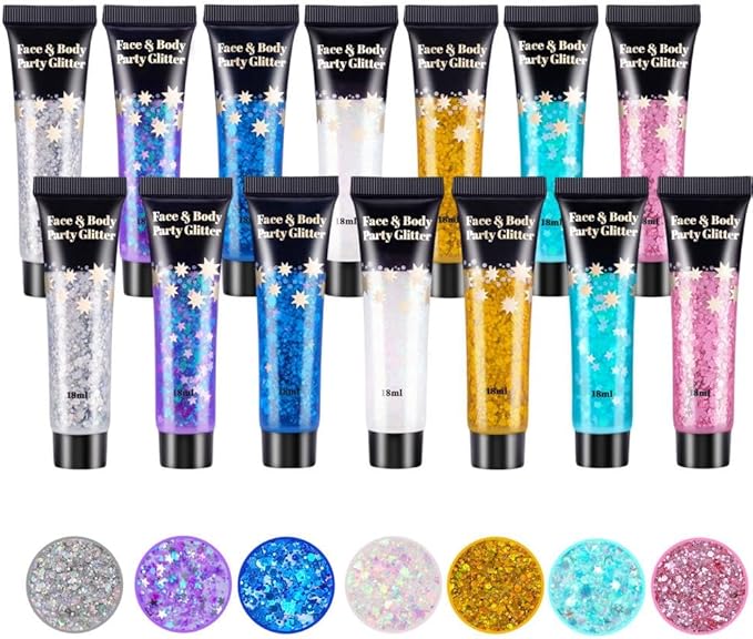 AROIC 14 Pcs Body Glitter - 7 Colors Mermaid Fairy Sparkle Makeup, Face & Hair Glitter Gel for Women Match with Mermaid Costume, Concerts Rave Accessories, Face Paint, Cosplay, Festival Birthday Party