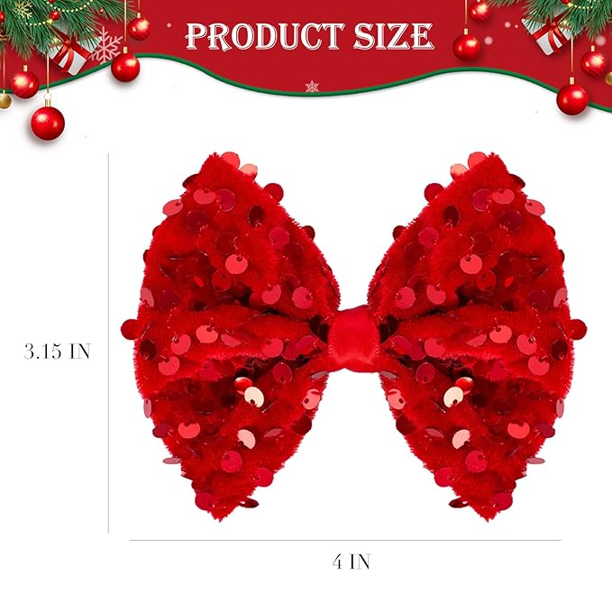 Velvet Sequin Hair Bows Elegant Red Bow for Women Girls, 4in Glitter Handmade Hair Clips Alligator Clips Sparkly Ponytail Holder Hair Accessories for Christmas, Birthday Party, Wedding, Valentines