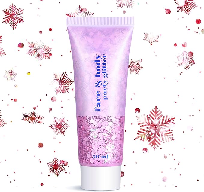 Christmas Face Glitter - Holiday Gift for Women Girls, Chunky Sparkling Glitter Makeup, Party Costume Accessories Christmas Stockings (Pink Body Glitter)