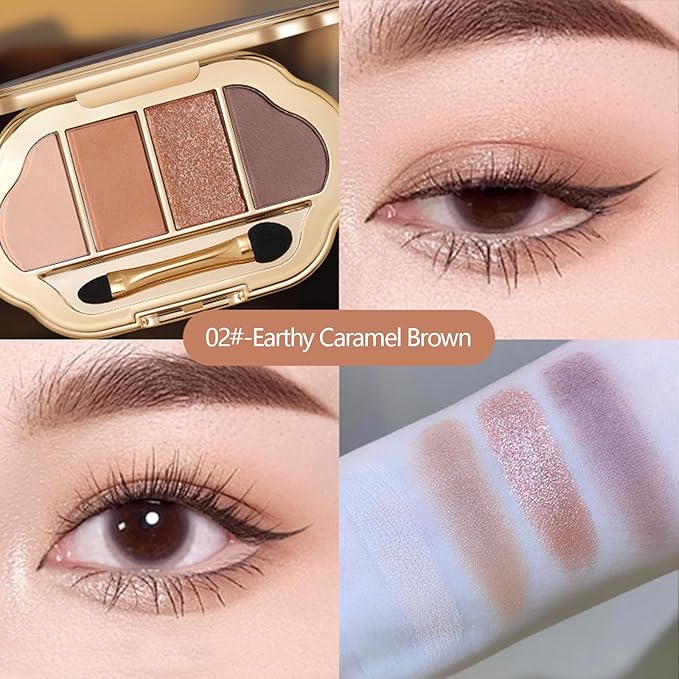 Nude Eyeshadow Palette 4 Colors, Caramel Brown Neutral Matte Glitter Eye Shadow Quad, High Pigment Long-Wear Non-Fallout Texture, Easy-Blend Daily Makeup Palette for Office & Natural Looks, 2#