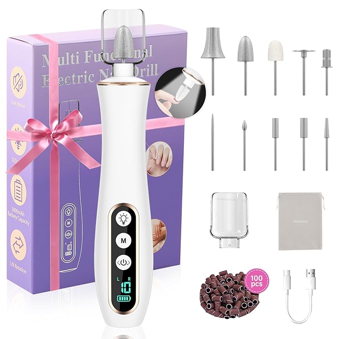 Professional Cordless Electric Nail File Set, 360 LED Light Drill Machine With LCD Display, 10 Speeds Rechargeable for Gel and Thick Toe Nails, Manicure Pedicure Kit, Christmas Gifts