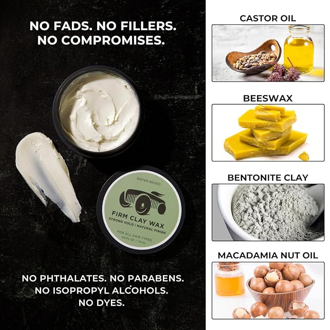 Firm Clay Wax - Stong Hold Natural Finish - Water Based - Kaolin & Bentonite Clay, Macadamia Nut Oil, Beeswax, & Squalane Blend - For All Hair Types - Premium Hair Styling Product (2.5oz)
