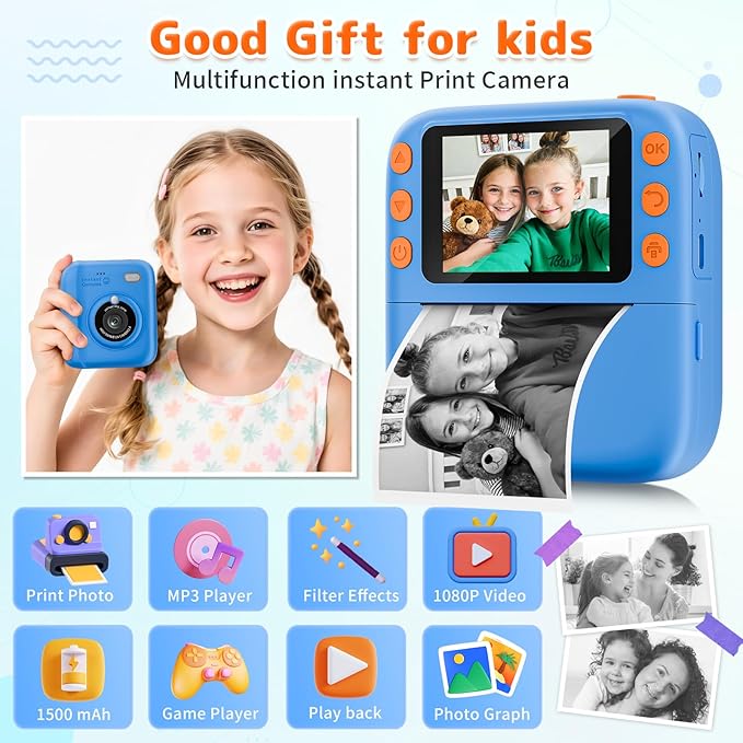 Instant Print Camera for Kids, Christmas Birthday Gifts for Girls Boys, 1080P Instant Digital Print Cameras for Toddler,Portable Toy for 4 5 6 7 8 9 10 Year Old Girl with 32GB SD Card，Blue