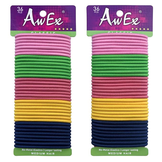AwEx Strong Hair Bands,72 PCS,4 mm(0.16 inch) Thick,140 mm(5.5 inches) Long Hair Ties,No Metal Hair Elastics,No Pull Ponytail Holder Colorful