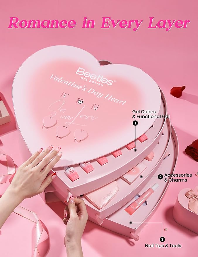 Beetles So In Love Collection – Forever In Love Valentine Gel Nail Polish Kit with UV Light, Pink Gel Polish with Base Top Coat Nail Tips Mini Rose Bouquet, Valentine's Day Gifts for Wife Girlfriend