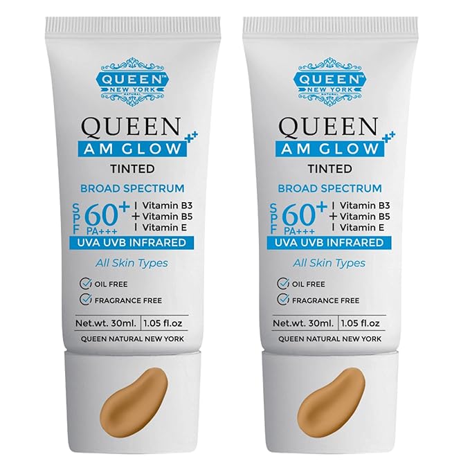 QUEEN AM GLOW | TINTED SunScreen SPF 60 PA+++Primer-Face Moisturizer- Vitamin B3, B5, E- Non-Greasy, Silky Touch-oil free, fragrance free by QUEEN NATURAL NEW YORK (Pack of 2)