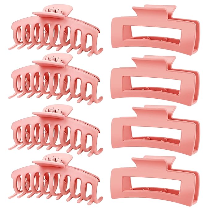 TOCESS Hair Claw Clips for Women - Large 8PK Neutral Matte Jumbo Square Hair Clips for Thick, Thin, Long, Short, Curly Hair Girls, Big Jaw Clip Set for Daily Use (Deep Pink)