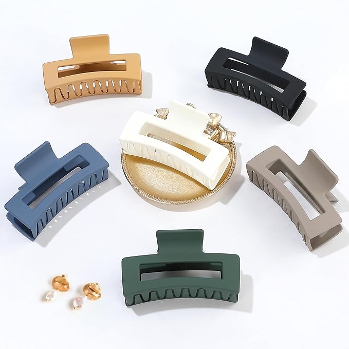 Square Hair Clips 3.5 Inch Medium Claw Clips Rectangle Hair Claw Clips 6 Pack Rubber Paint Jaw Non-Slip Thick Hair Accessories for Women Girls -Neutral
