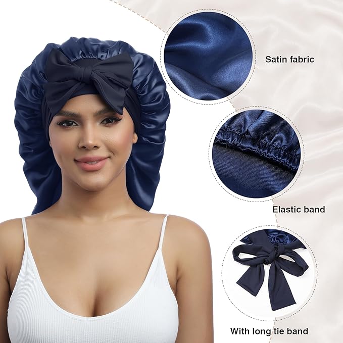 AWAYTR Long Satin Bonnet for Braids - Elastic Silk Hair Bonnets for Sleeping Night Cap Stretchy Tie Band for Women（Navy Blue）