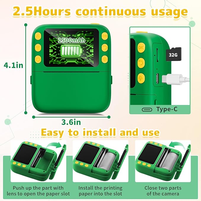 Instant Print Camera for Kids, Christmas Birthday Gifts for Girls Boys, 1080P Instant Digital Print Cameras for Toddler,Portable Toy for 4 5 6 7 8 9 10 Year Old Girl with 32GB SD Card，Green