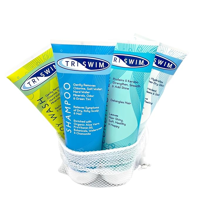 TRISWIM Gift Set Value Pack of 4 + Mesh Bag Travel Kit Swim Care Chlorine Removal Body Wash + Swimmers Shampoo + Conditioner and Lotion 8.5 fl oz for Hydrated Skin and Healthy Hair