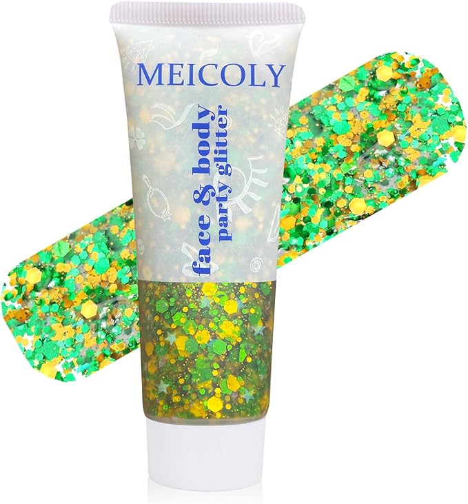 MEICOLY Gold and Green Face Glitter,Green Face Glitter,Gold Hair Accessories,Sparkle Halloween Body Glitter Makeup for Mardi Gras Carnival Festival Party,St Patricks Day Accessories
