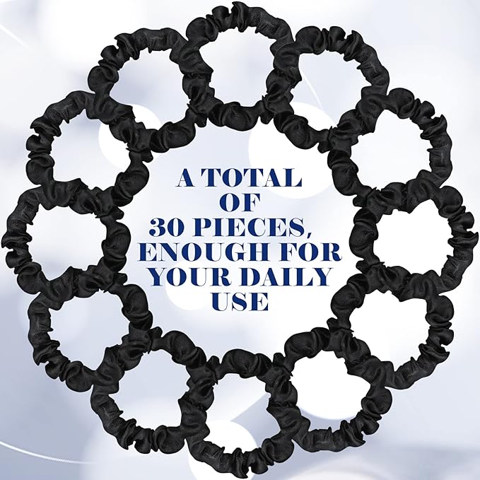 WILLBOND 30 Pcs Small Satin Silk Scrunchies Bulk for Women, Thin Hair Ties Mini Scrunchy Bands Skinny Ponytail Holders for Thick Curly Hair Pony Tails Wrist Decor(Black)