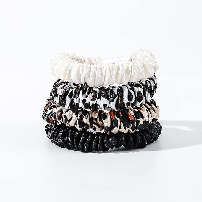 Hair Ties Silk Satin Scrunchies - Small Mini Thin Elestics Ponytail Holder Hair Bands Skinny Scrunchy For Thick Curl Hair No Crease Hair Ties Soft Accessories No Hurt Your Hair for Women and Girls (White Leopard Black)
