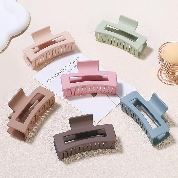 Square Hair Clips 3.5 Inch Medium Claw Clips Rectangle Hair Claw Clips 6 Pack Rubber Paint Jaw Non-Slip Thick Hair Accessories for Women Girls -Brown Colorful