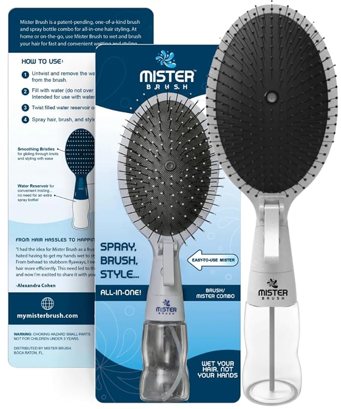 2-in-1 Hairbrush Mister – Innovative Hair Mist & Brushing Tool for Wet & Dry Hair Styling – No-Tangle Bristles, Convenient Water Reservoir, Easy-to-Use (White)