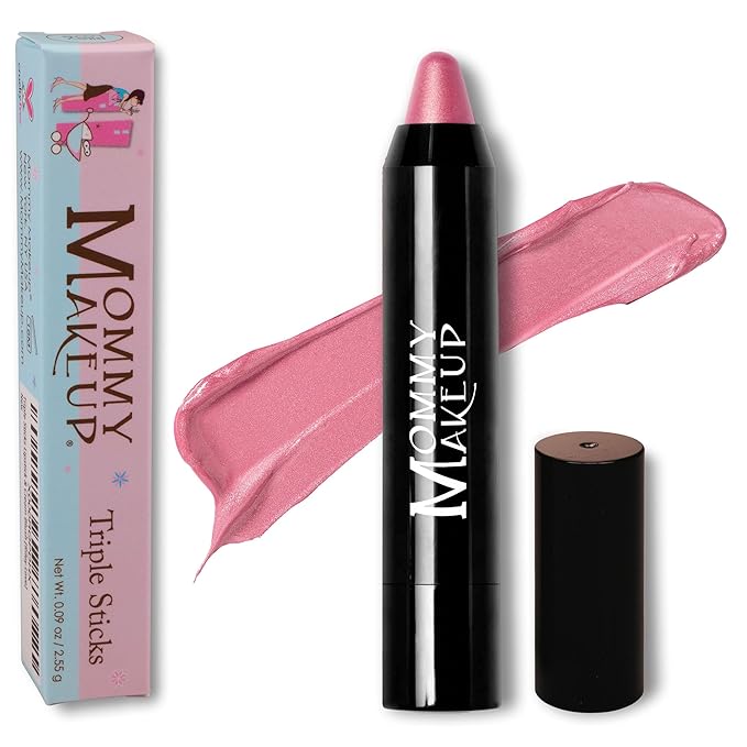 Mommy Makeup Triple Sticks Lipstick, Cream Blush & Treatment All-In-One with Shea & Cocoa Butter - Soft & Creamy Moisturizing Lip Crayon For Lips & Cheeks (Pink Daisy)