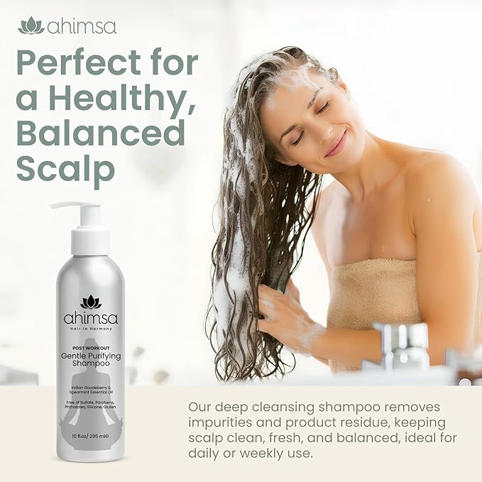 Ahimsa Gentle Purifying Shampoo Oily Hair Cleanser for Build Up, Daily Clarifying Shampoo with Indian Gooseberry & Willow Bark Extract, Scalp Cleanser for Build Up Removal of Grease and Impurities