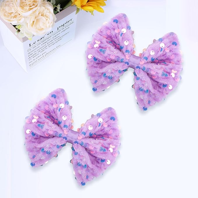 Velvet Sequin Hair Bows Elegant Purple Bow for Women Girls, 4in Glitter Handmade Hair Clips Alligator Clips Ponytail Holder Sparkly Hair Accessories for Christmas, Birthday Party, Wedding