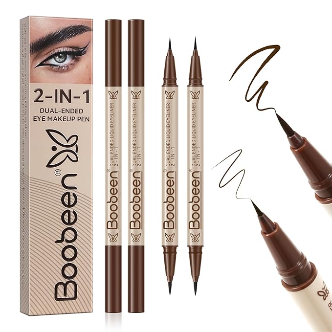 Boobeen 2pcs Liquid Eyeliner，Dual-Ended Eye Liner with Thick Tip and Precise Brush Tip，Waterproof Black Liquid Liner Pen，Matte Finish，All Day Wear，Smudge-proof,Brown