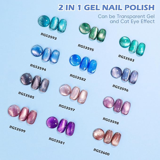 Clara Colors 12 Colors Glitter Cat Eye Gel Nail Polish Set Sparkle Galaxy Series Magnetic Nail Polish with Base Gel Glossy Top Coat Magnet UV LED Curing Require Nail Art Manicure Salon DIY Home Gifts