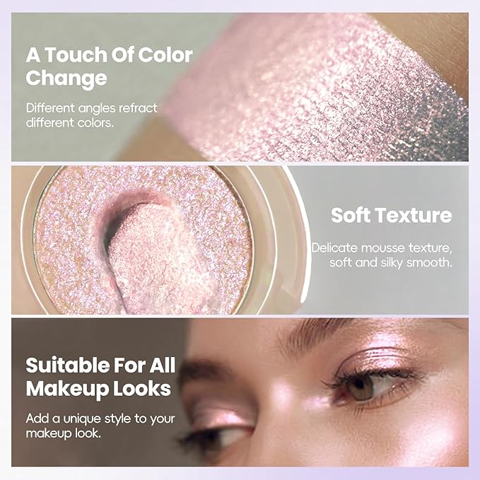 Holographic Light Pink Glitter Eyeshadow, Multichrome Shimmer Color Shifting Single Eyeshadow, Chameleon Metallic Iridescent Eye Shadow Palette Bouncy Texture Fairy Highlighter Makeup #2