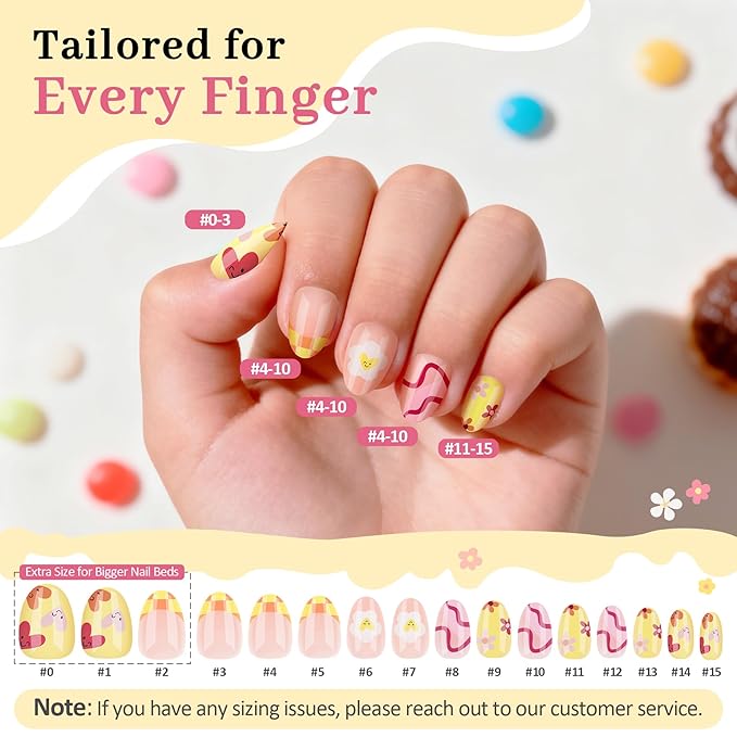 16 Sizes Press on Nails Kit for Kids - 32 Pieces French Almond Fake Nail Tips for Girls 8-12 Years Old with Jelly Nail Adhesives & No-Lamp Nail Glue, Birthday Christmas Gifts (Happy Smile)