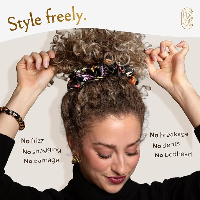 Silk Scrunchies Ponytail Holders – Oversized Mulberry Silk Scrunchies – Extra Large No Damage Hair Ties for Curly, Thick, and Thin - Hair Accessories for Women – Midnight Blooms, XL By Curlfriend