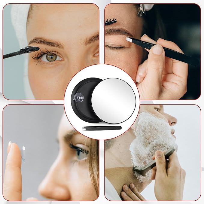 20X Magnifying Mirror & Tweezers Kit, 6 Inch Round Compact Travel Mirror with 3 Suction Cups