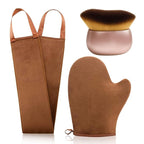 FUNAN Self Tanning Applicator Kit with Soft Mitt, Back Lotion Strap, and Ultra Soft Rose Gold Kabuki Brush, Brown, 3 Piece Set