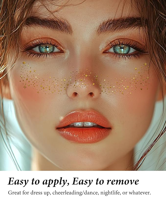 Face Glitter, Gold Temporary Face Tattoos Stickers, Body Face Glitter for Women Girls, Country Concerts Singer Festival Rave Accessories (Gold - 10 pcs)