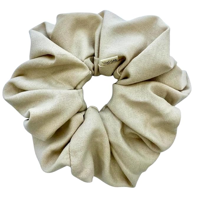 Handmade Oversized Linen Scrunchie – 100% Natural Linen in Dusty Pink, Blue, Sand or Yellow – Gentle Hold for All Hair Types – Unique, Soft, and Lightweight Hair Accessory (Sand)