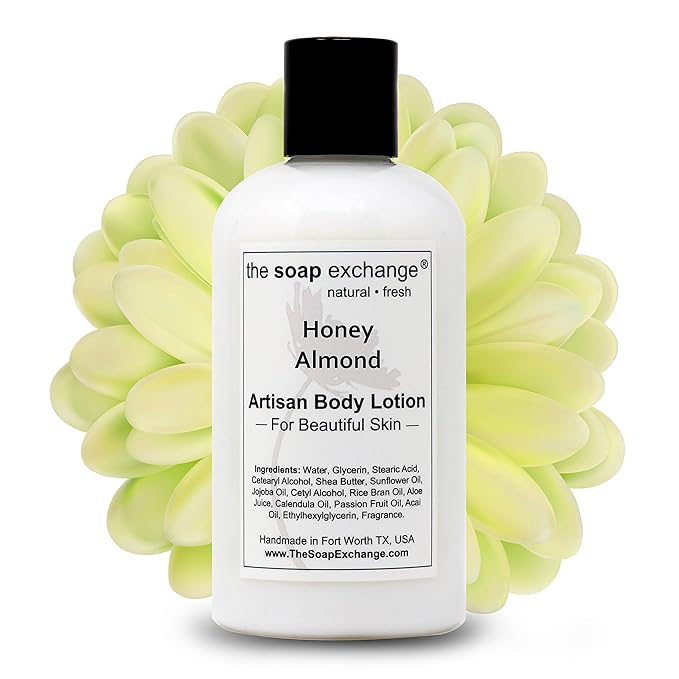 The Soap Exchange Body Lotion - Honey Almond Scent - Hand Crafted 8 fl oz / 240 ml Natural Artisan Skin Care for Hand, Face, & Body, Moisturize, Hydrate, & Protect. Made in the USA.
