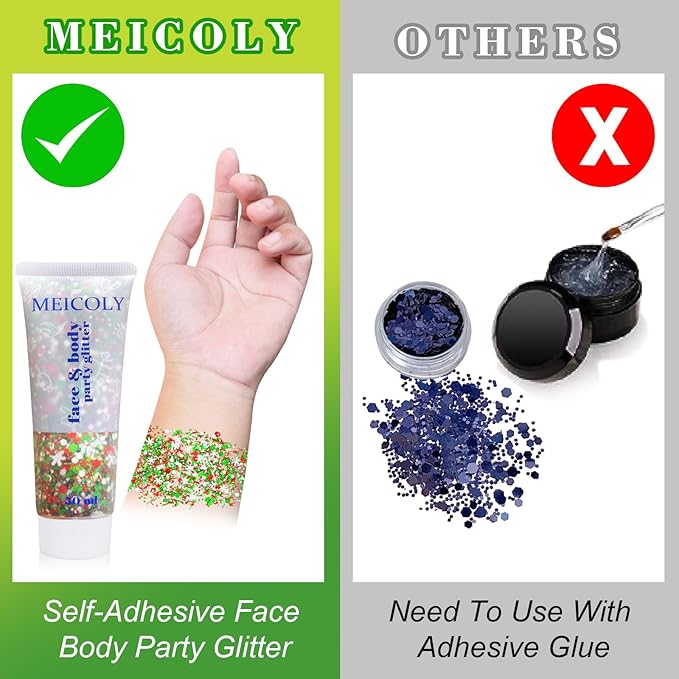 MEICOLY Christmas Face Body Glitter Gel,Christmas Hair Glitter,Christmas Accessories Stocking Stuffers Gift Decorations,Festival Face Glitter Makeup for Women Kids Girls,Chunky Glitter Face Paint