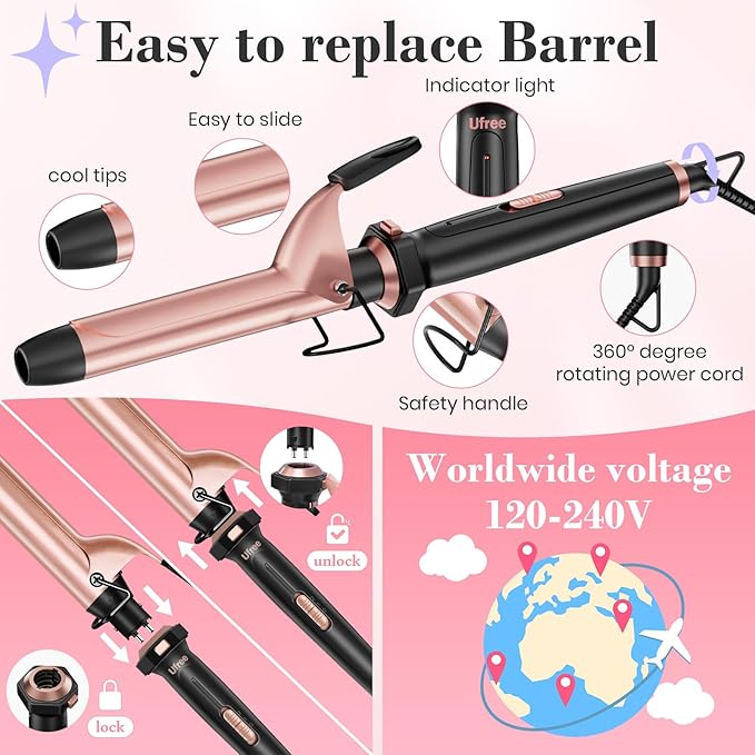 Ufree 3 in 1 Curling Iron, Curling Wand Set with Thermal Brush Flat Iron Hair Straightener, Dual Voltage Wand Curler, Instant Heat Up Hair Curler, Include Protective Glove 2 Clips, Gifts for Women