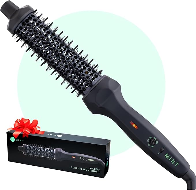 MINT Extra-Long 1 1/3 Inch Thermal Brush for Effortless Curls, Volume & Waves | 230-430°F 2-Heater Ceramic Curling Iron Brush Creates Long-Lasting Styles | Heated Round Styler