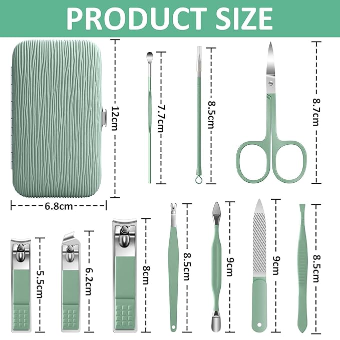 BLESWIN 10-Piece Nail Clipper Manicure Set, Professional Small Nail Care Kit , Nail Clipper Set for Women Men, Ladies Compact Manicure Tools in Case Green Leather Nail Care Gift Set.
