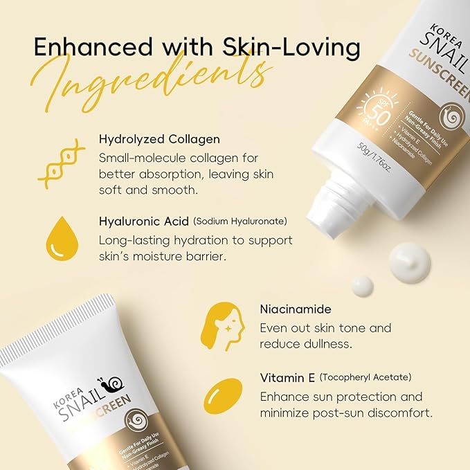 Face Sunscreen SPF 50 with Snail Mucin – Hydrating Daily Lightweight Body Sunscreen, Non-Greasy & Non-White Cast, Sensitive Skin-Friendly 50g